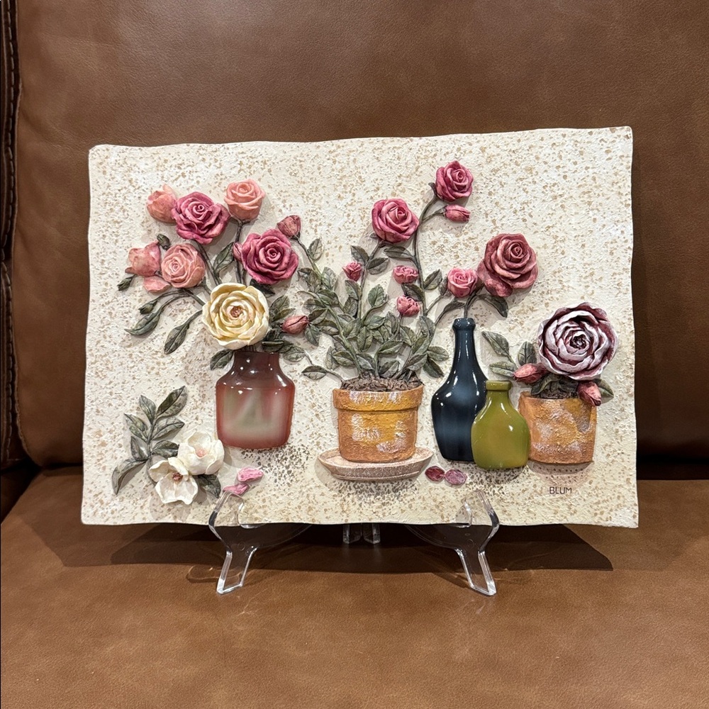 Cheri Blum vintage 3D floral wall plaque/standing easel featuring roses in vases